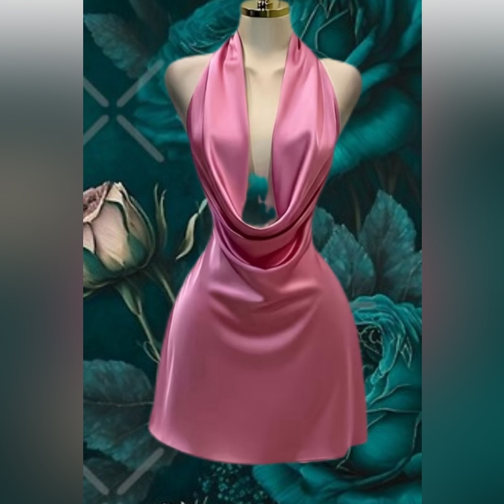 Satin Halter Cowl Neck Pink Mini Dress